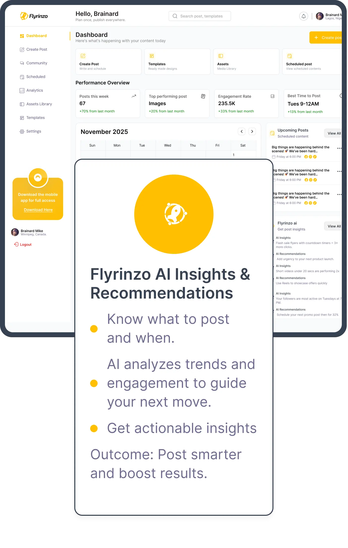 Flyrinzo AI Insights & Recommendations — know what to post and when