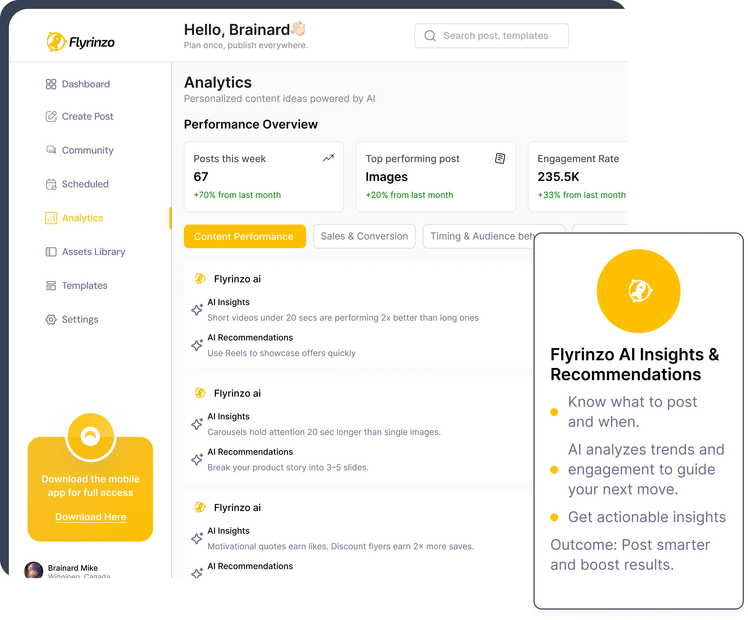 Flyrinzo AI Insights & Recommendations — know what to post and when